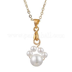 Shell Pearl 8mm Round Beaded Paw Print Pendant Necklaces&nbsp;NJEW-JN05171-02