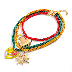 Alloy Enamel Heart Sun Flower Pendant Twisted Round Cotton Cord 3 Layer Necklaces for Women&nbsp;WG294C6-01