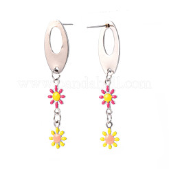 Oval with Flower Enamel Long Dangle Stud Earrings&nbsp;EJEW-N049-05A