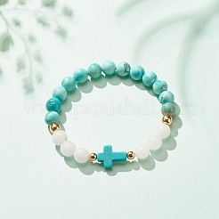 Natural White Jade & Howlite & Synthetic Turquoise(Dyed) Stretch Bracelet with Cross&nbsp;BJEW-JB08295-03