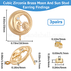 3 Pairs Brass Micro Pave Cubic Zirconia Moon with Flower Stud Earring Findings&nbsp;KK-BBC0007-96