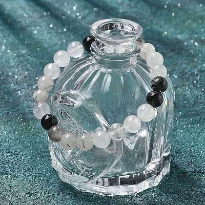 Natural Tourmalinated Quartz/Black Rutilated Quartz Stretch Beaded Bracelets&nbsp;G-A185-01J-1