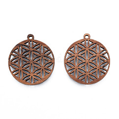 Natural Walnut Wood Pendants, Undyed, Hollow Flat Round Charm with Flower, Camel, 29x26x2.5mm, Hole: 1.8mm