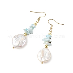 Natural Larimar Chip & Natural Keshi Pearl Dangle Earrings&nbsp;EJEW-JE07445-02