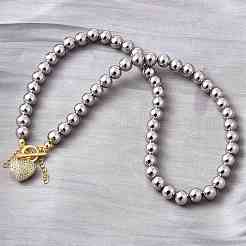 Brass Micro Pave Clear Cubic Zirconia Heart Pendant Round Beaded Necklaces for Women&nbsp;NJEW-D314-07PG