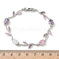 Brass Micro Pave Cubic Zirconia Oval & Leaf Link Chain Bracelets for Women&nbsp;BJEW-G764-05P-01