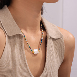 Natural Freshwater Pearl Rectangle Pendant Natural Colorful Tourmaline Beaded Necklaces with Staniless Steel End Chains&nbsp;KJ5122-1
