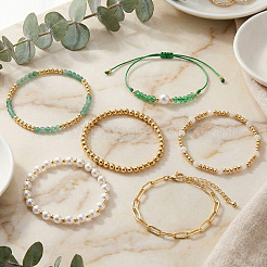 6Pcs 6 Styles Adjustable White Round Imitation Pearl & Glass & Brass Beaded Stretch Bracelet Sets&nbsp;HI6253-1