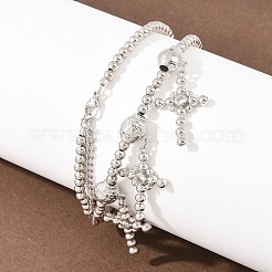 Brass Micro Pave Clear Cubic Zirconia Cross Pendant Round Beaded Bib Necklaces for Women&nbsp;NJEW-F364-04P