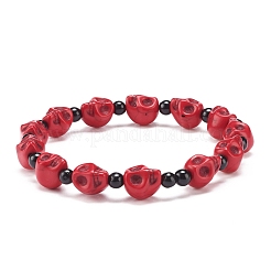 Natural Mashan Jade Skull & Synthetic Turquoise(Dyed) Beaded Stretch Bracelet&nbsp;BJEW-JB08377