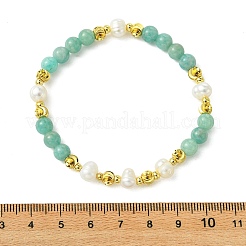 Round Natural Amazonite & Cultured Freshwater Pearl & Brass Beaded Stretch Bracelets for Women&nbsp;BJEW-JB14060-01