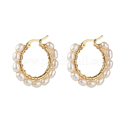 Natural Pearl Beads Brass Hoop Earrings&nbsp;EJEW-JE04565