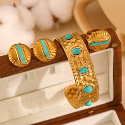 Synthetic Turquoise Cuff Bangles & Finger Ring & Stud Earrings Sets&nbsp;FS-WGB9654-04
