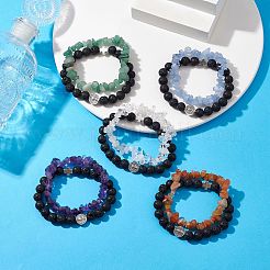 2Pcs 2 Styles Natural Lava Rock & Mixed Gemstone Chips Stretch Bracelets Set&nbsp;BJEW-JB10179