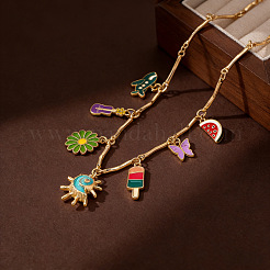 Summer Alloy Enamel Sun Ice Cream Watermelon Multi-Pendant Necklaces for Women&nbsp;WG37E46-01