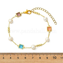 Brass & Glass & Natural Cultured Freshwater Pearl Link Bracelets for Women&nbsp;BJEW-JB14104