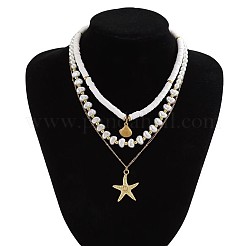 Summer Beach Alloy Starfish Pendant Shell & Imitation Pearl Beaded 3 Layer Necklaces for Women&nbsp;FS-WGA3F17-02