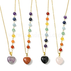 Chakra Natural Mixed Stone Heart Pendant Brass Cable Chain Necklaces for Women&nbsp;NJEW-JN06267