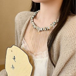 Natural Shell Chip Beaded Alloy Chain Tassel Bib Necklaces for Women&nbsp;WG291D5-01