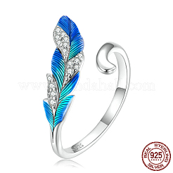 Feather Rhodium Plated 925 Sterling Silver Micro Pave Clear Cubic Zirconia Enamel Adjustable Cuff Rings&nbsp;FS-WG2F112-01