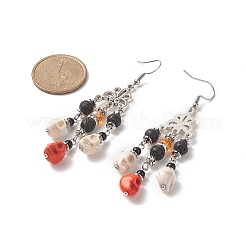 Dyed Synthetic Turquoise Skull & Natural Lava Rock Chandelier Earrings&nbsp;EJEW-TA00219