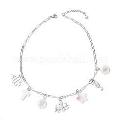 Alloy & Natural White Shell Pendant Brass Paperclip Chain Necklaces for Women&nbsp;NJEW-JN05406-03
