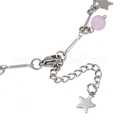 3Pcs 3 Colors 201 Stainless Steel Moon Star & Natural Dyed Malaysia Jade Round Charm Brass Bar Link Chain Anklets&nbsp;AJEW-AN00732