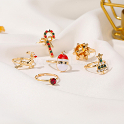 18Pcs 6 6 Style Santa Claus & Christmas Tree & Flower & Deer & Candy Cane Enamel Adjustable Rings Set&nbsp;RJEW-NB0001-03