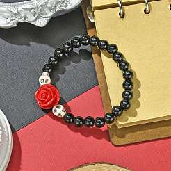 2Pcs 2 Colors Halloween Theme 8.5mm Round Synthetic Black Stone Beaded Stretch Bracelet Sets&nbsp;BJEW-JB10882
