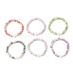 6Pcs 6 Colors Baking Paint Synthetic Turquoise Round & Cross Beads Stretch Bracelets for Men Women&nbsp;BJEW-JB12339