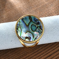 Flat Round 304 Stainless Steel Paua Shell Cuff Rings for Women&nbsp;RJEW-G346-02G-01