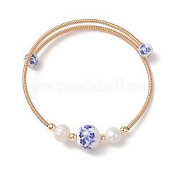 Handmade Porcelain & Natural Cultured Freshwater Pearl & Non-magnetic Synthetic Hematite Beaded Cuff Bangles for Women&nbsp;BJEW-JB14019