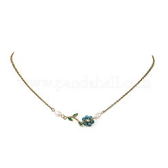 Natural Stone Beaded Flower Brass Pave Green Cubic Zirconia Branch Pendant 304 Stainless Steel Cable Chain Necklaces for Women&nbsp;NJEW-JN06415