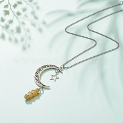 Natural Topaz Jade Bullet with Alloy Moon and Star Pendant Necklace&nbsp;NJEW-JN03912-04