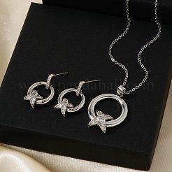Brass Micro Pave Clear Cubic Zirconia Pendant Necklaces & Stud Earrings Sets for Women&nbsp;LE1228-2