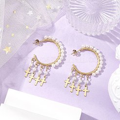 Cross Shell Pearl Dangle Stud Earrings&nbsp;EJEW-JE06185-01