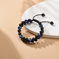 Natural Black Agate(Dyed) & Eyeless Obsidian & Resin Evil Eye Braided Bead Bracelet&nbsp;BJEW-JB08840-03