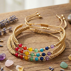 3Pcs Adjustable Chakra Natural & Synthetic Mixed Stone Round Bead Braided Bracelet Sets&nbsp;ZZ4943-3