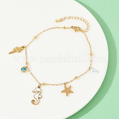 304 Stainless Steel Pave Deep Sky Blue Cubic Zirconia Enamel Sea Horse Starfish Conch Charm Anklets for Women&nbsp;AJEW-G069-03G