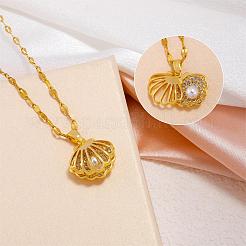 Seashell Pearl Necklace Clear Cubic Zirconia Shell Cage Dangle Necklace Summer Scallop Choker Charm Stainless Steel Jewelry for Women Beach&nbsp;JN1114A