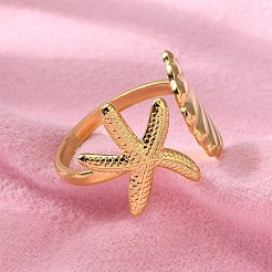 304 Stainless Steel Starfish & Shell Open Cuff Rings for Women&nbsp;RJEW-C095-09G