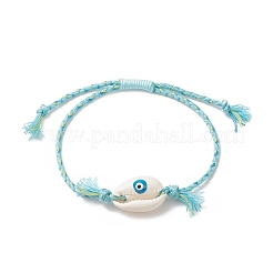 Natural Cowrie Shell with Evil Eye Braided Bead Bracelet with Nylon & Cotton Cord for Women&nbsp;BJEW-JB09140