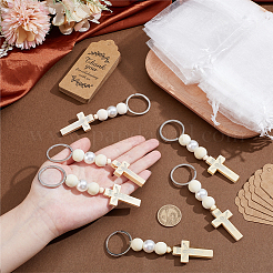 30Pcs Cross Wood & Plastic Pearl Pendant Keychains&nbsp;KEYC-GO0001-18