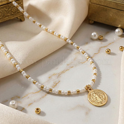 304 Stainless Steel Saint Benedict Medal Pendant Glass and Brass Beaded Short Necklaces for Women Daily Wear&nbsp;AB8901