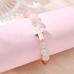 Natural Cherry Blossom Agate & Synthetic Turquoise Cross & Round Beaded Stretch Bracelets for Women Men&nbsp;BJEW-JB13926-01