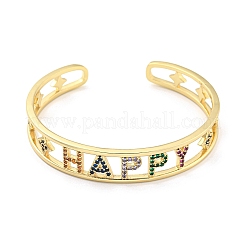 Word Happy Brass Micro Pave Colorful Cubic Zirconia Open Cuff Bangles for Women&nbsp;BJEW-Z062-21G
