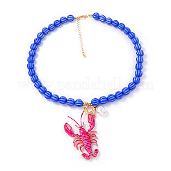 Alloy Enamel Hot Pink Lobster Pendant Plastic Beaded Necklaces for Women&nbsp;FS-WG5F5C8-01