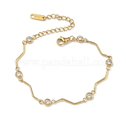304 Stainless Steel Crystal Rhinestone Flat Round Wavy Bar Link Chain Bracelets for Women&nbsp;BJEW-F543-01G