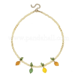 Glass Lemon with Acrylic Leaf Pendant Glass Seed Beaded Necklaces&nbsp;NJEW-JN06426