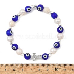 Evil Eye Lampwork and Natural Cultured Freshwater Pearl Beaded Stretch Bracelets&nbsp;BJEW-JB14283-02